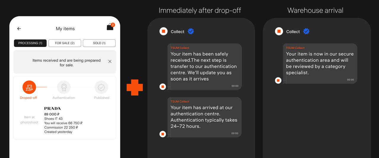 The redesigned experience: the 'My items' status screen alongside conversational messages sent immediately after drop-off and on warehouse arrival, explaining each step in a calm, reassuring tone.